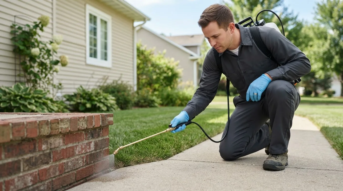 Pest control technician treating a home near Zahl, ND
