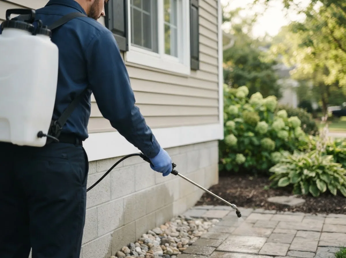 Pest control technician inspecting a home in Zahl, ND